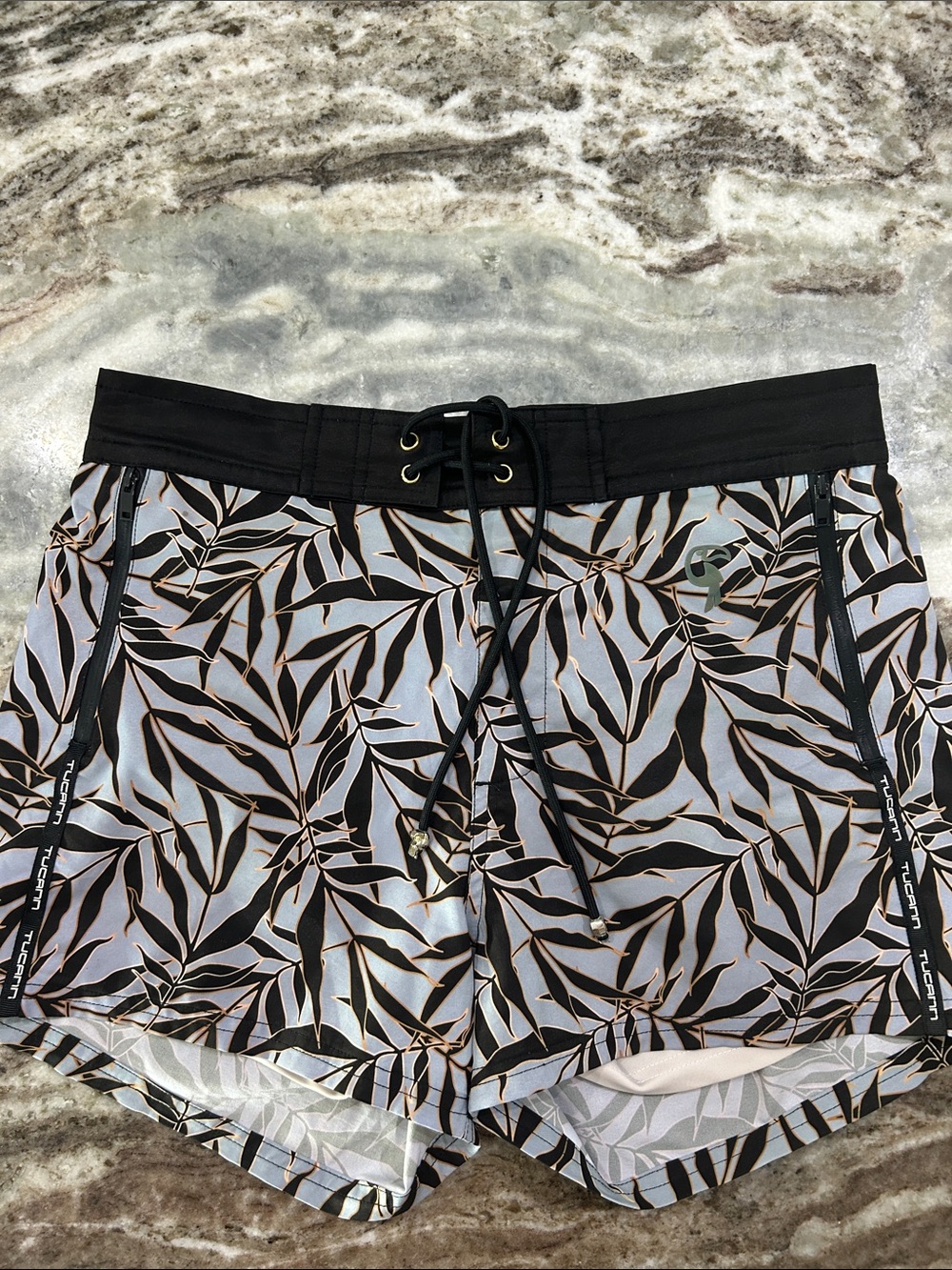 Men's Black Leaf-Print Swim Trunks
